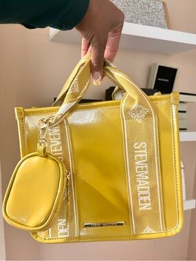 Steve Madden mustard Patent Tote with Coin Pouch and Logo Straps